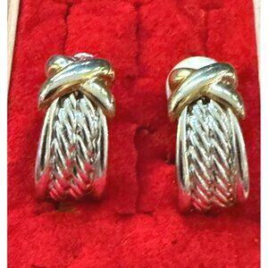 Vintage TJ M USA Silver-Tone Clip-On Earrings Woven & X Design